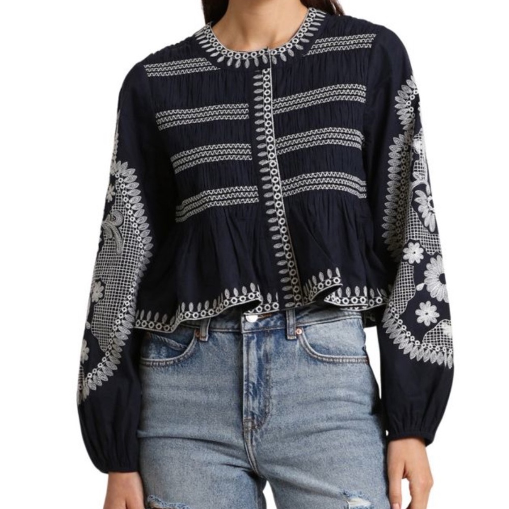 Navy and White Embroidered Blouse